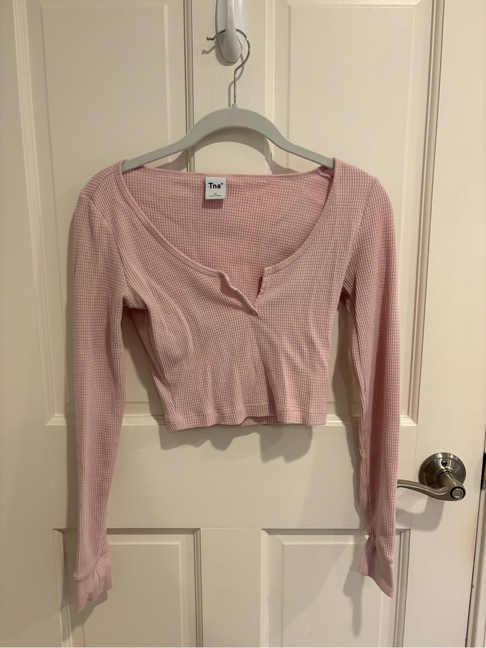 Aritzia Pink Waffle V Neck Long Sleeve Crop Top